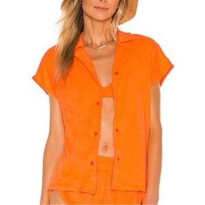 Revolve Lovers + Friends neon orange short sleeve terry cloth button down top